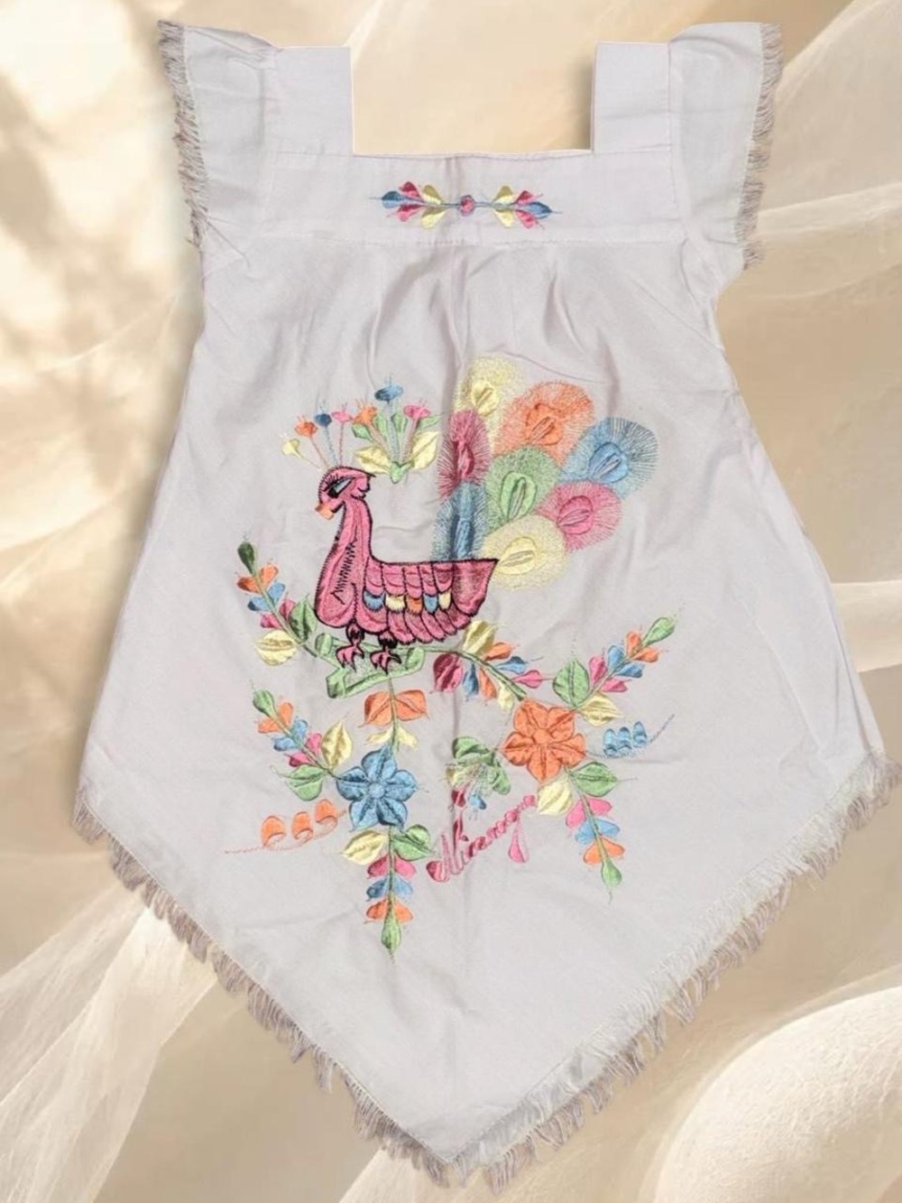 Artisanal Nicaragua Traditional White Handkerchief Fringe Dress 2T 3T